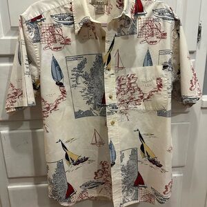 Cream and Red Casual Button Down Shirt with Nautical Print